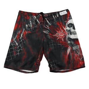 MMA Elite Shorts Mens XL Black Red Board Short Drawstring Graphic Print Skull